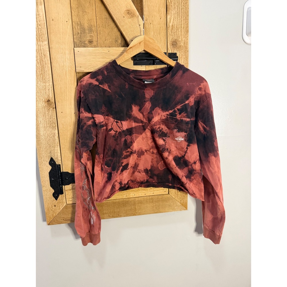 Harley-Davidson Bleach Tie Dye Cropped Long Sleeve Pocket Tee Red Black Medium